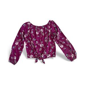 NWT Abercrombie Floral Long Sleeve Crop Tie Front Button Down Top Girls 9/10